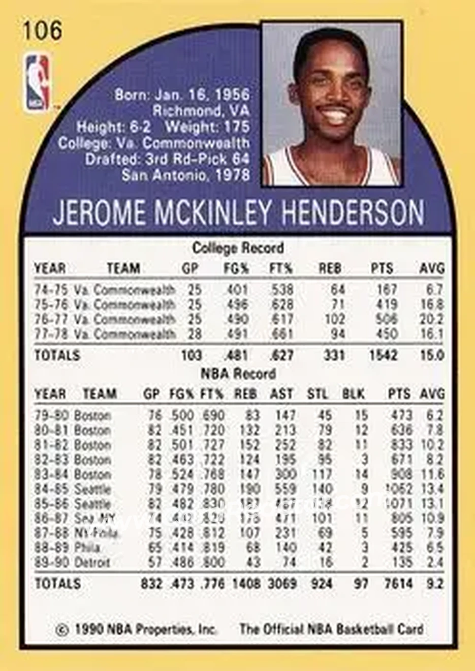1990-91 Hoops #106 - Gerald Henderson - Detroit Pistons - Back 1990-91 Hoops #106 - Gerald Henderson - Detroit Pistons - Back