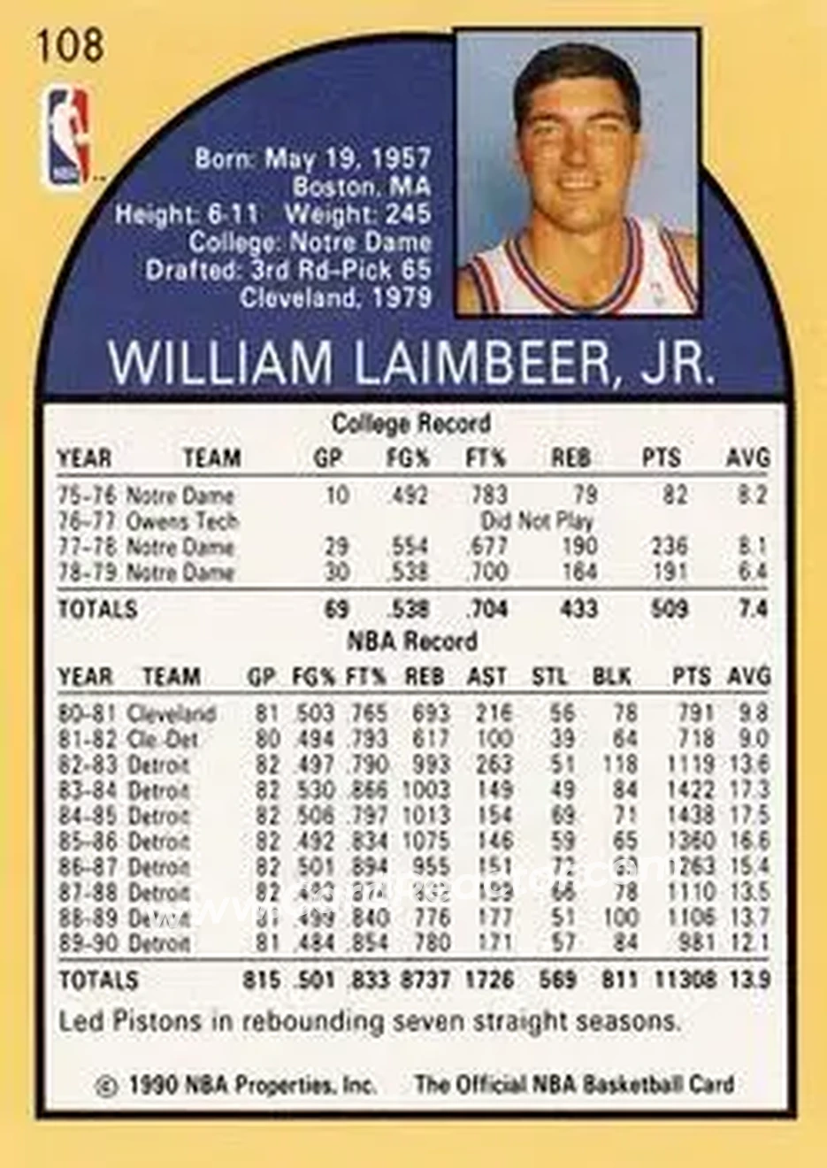 1990-91 Hoops #108 - Bill Laimbeer - Detroit Pistons - Back