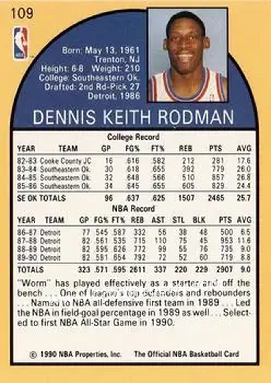 1990-91 Hoops #109 - Dennis Rodman - Detroit Pistons - Back