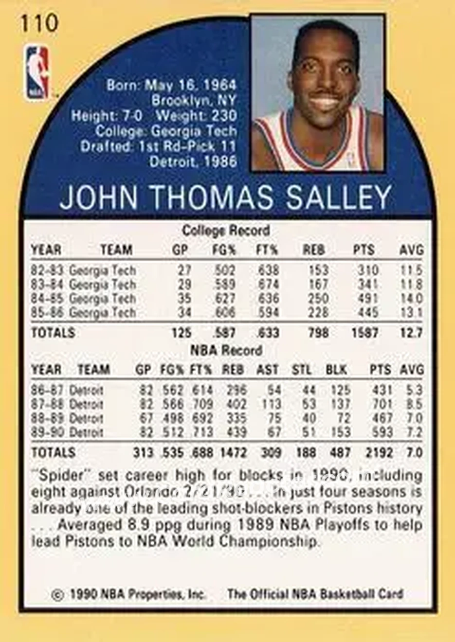 1990-91 Hoops #110 - John Salley - Detroit Pistons - Back