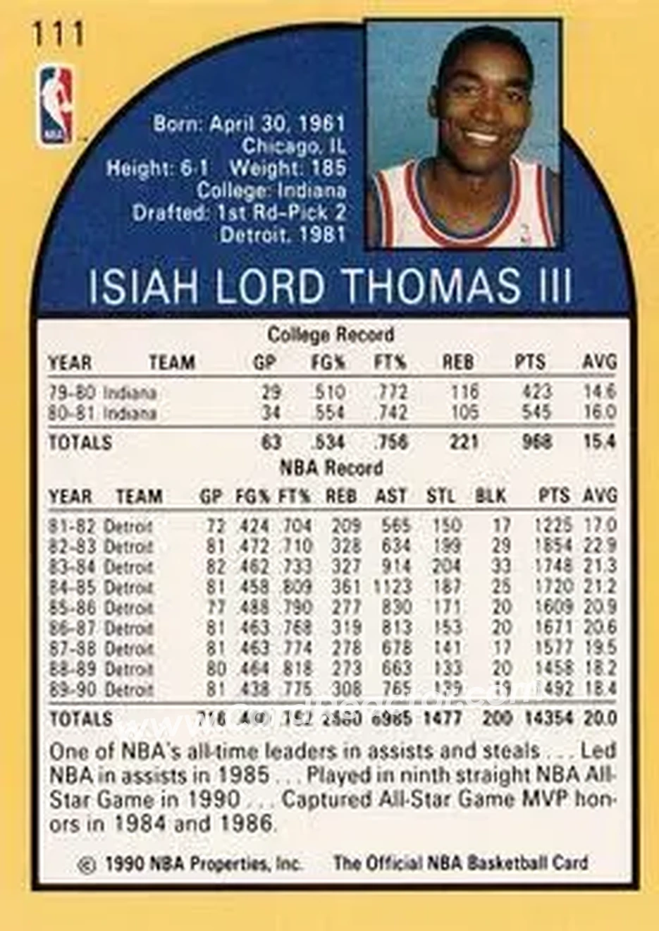1990-91 Hoops #111 - Isiah Thomas - Detroit Pistons - Back