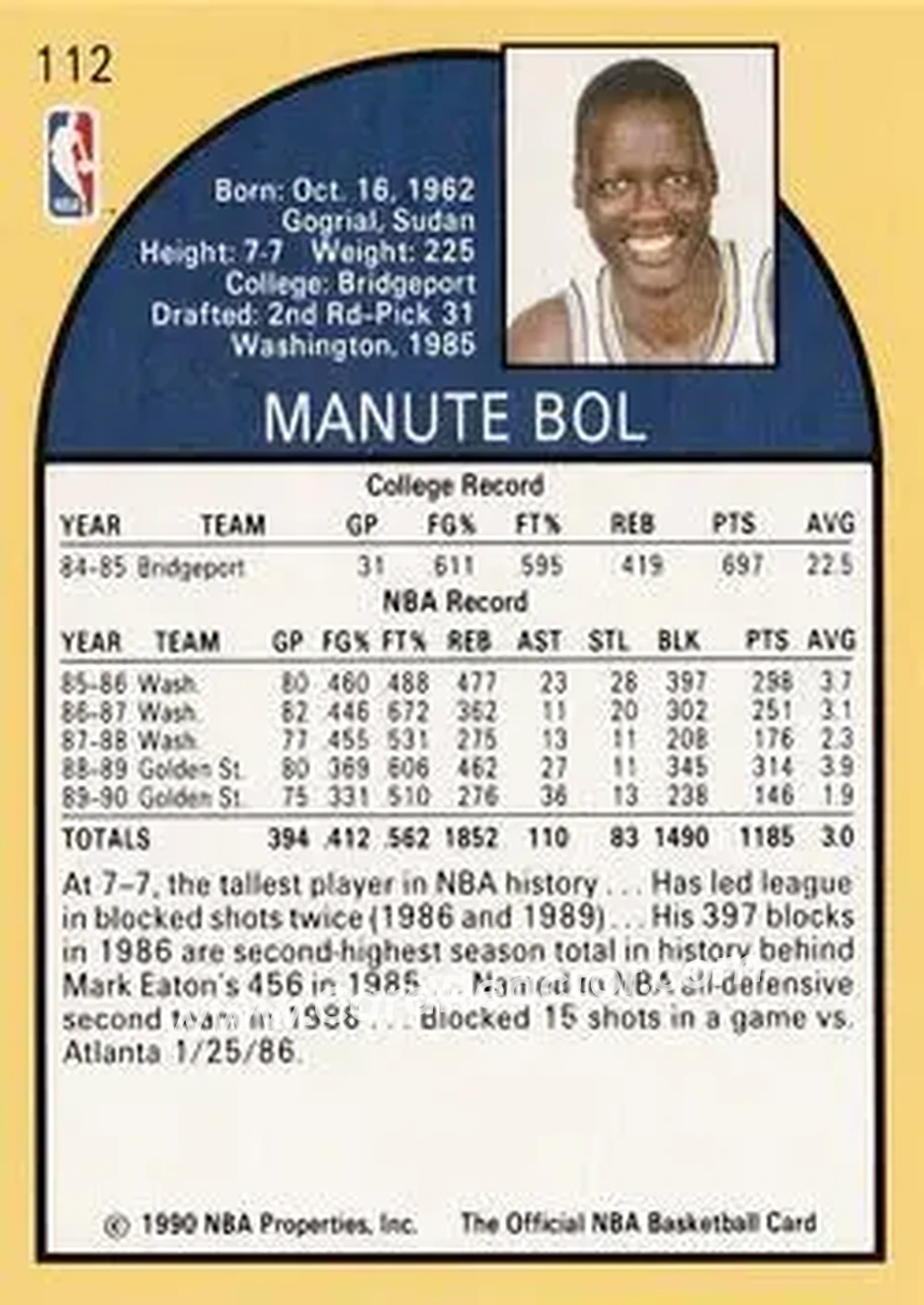 1990-91 Hoops #112 - Manute Bol - Golden State Warriors - Back