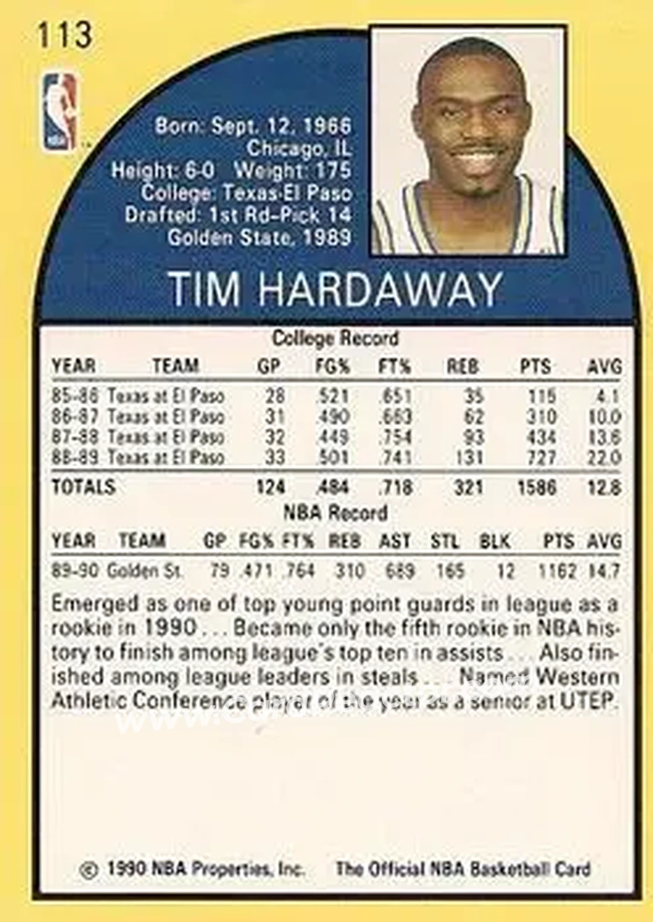 1990-91 Hoops #113 - Tim Hardaway - Golden State Warriors - Back 1990-91 Hoops #113 - Tim Hardaway - Golden State Warriors - Back