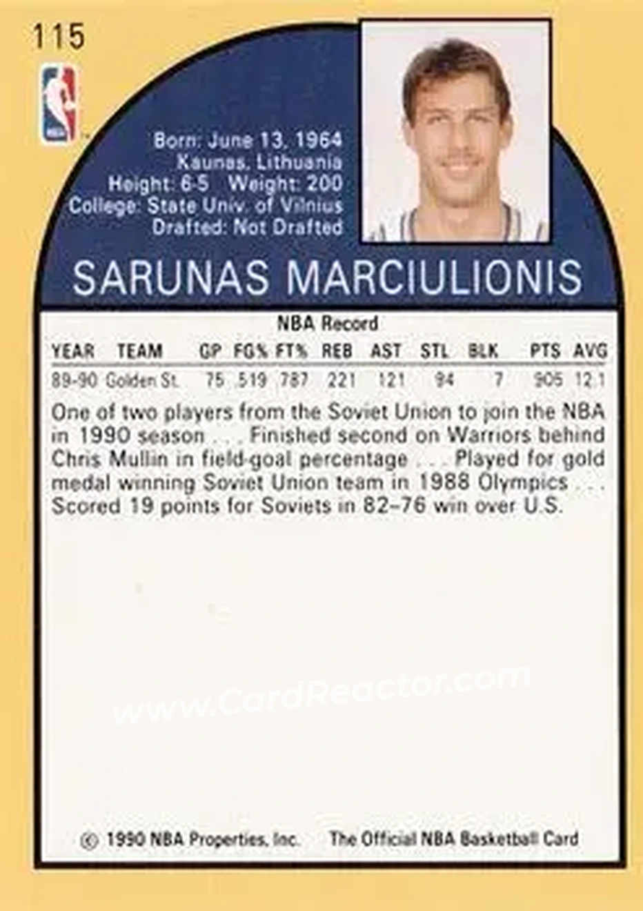 1990-91 Hoops #115 - Šarūnas Marčiulionis - Golden State Warriors - Back