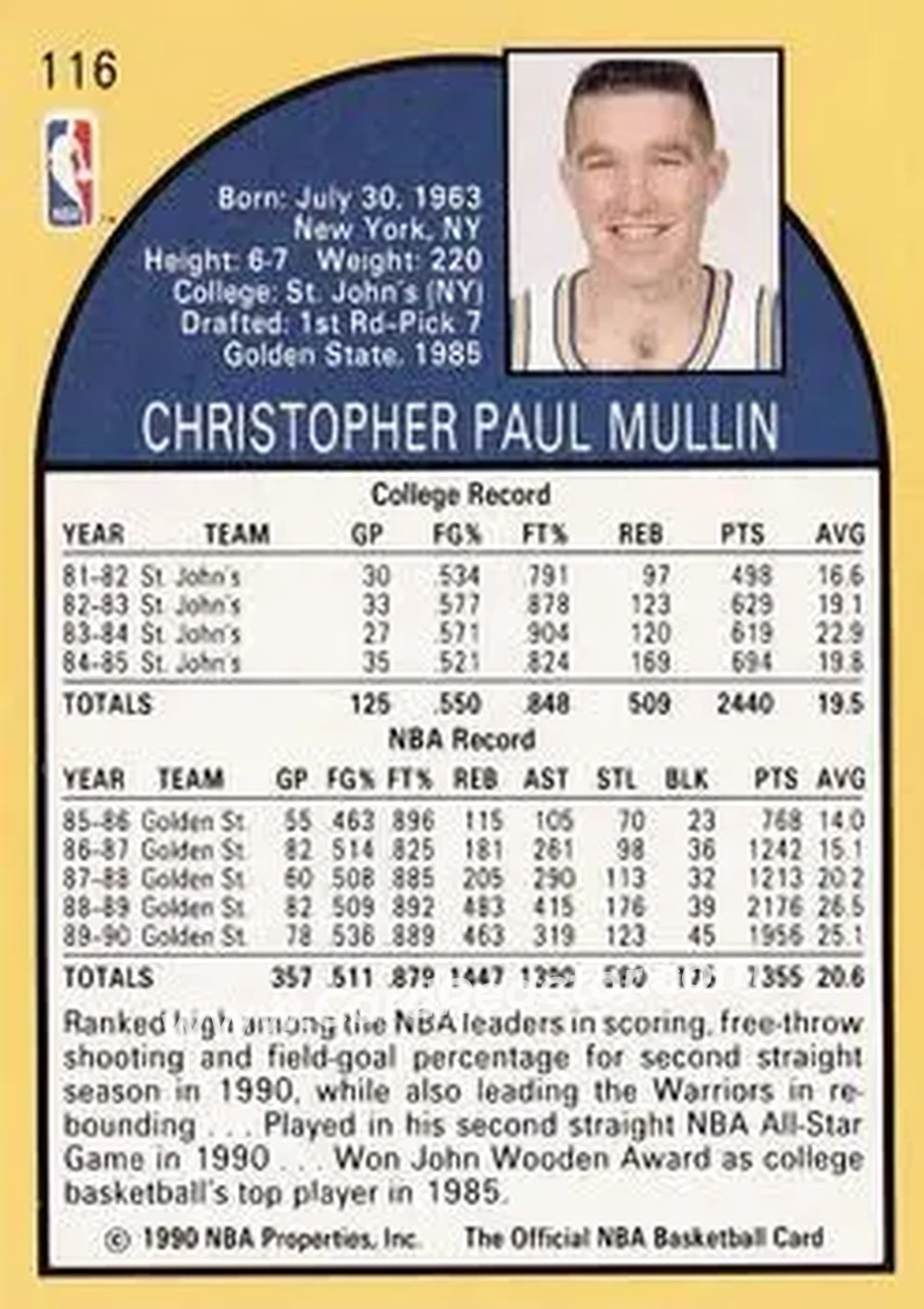 1990-91 Hoops #116 - Chris Mullin - Golden State Warriors - Back