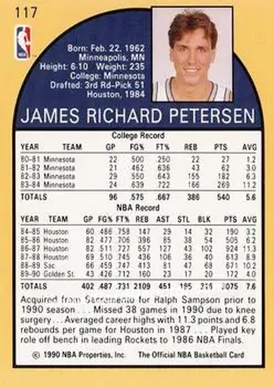 1990-91 Hoops #117 - Jim Petersen - Golden State Warriors - Back