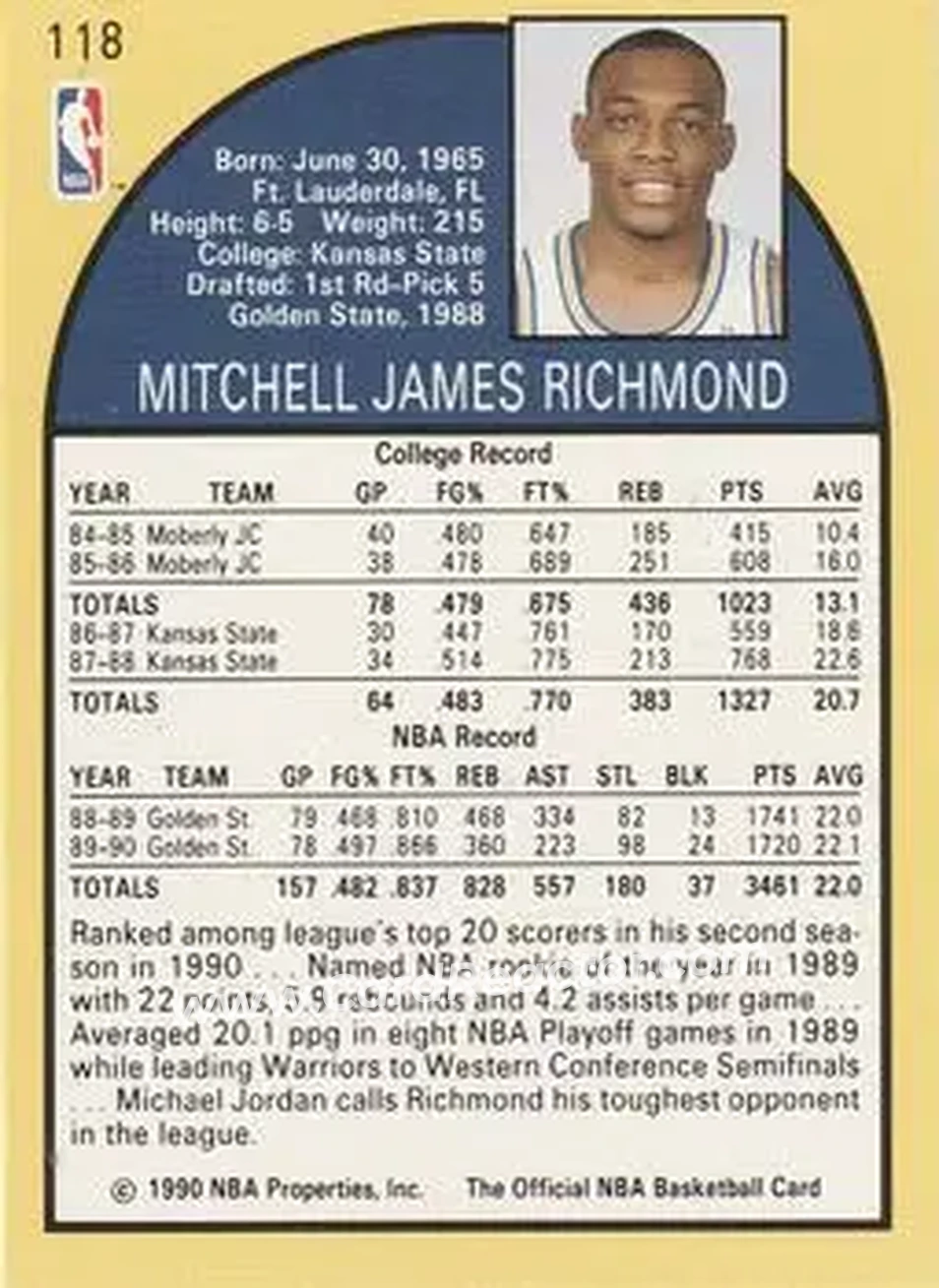 1990-91 Hoops #118 - Mitch Richmond - Golden State Warriors - Back