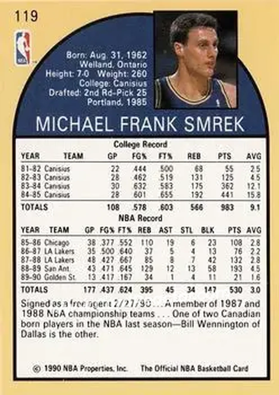1990-91 Hoops #119 - Mike Smrek - Golden State Warriors - Back