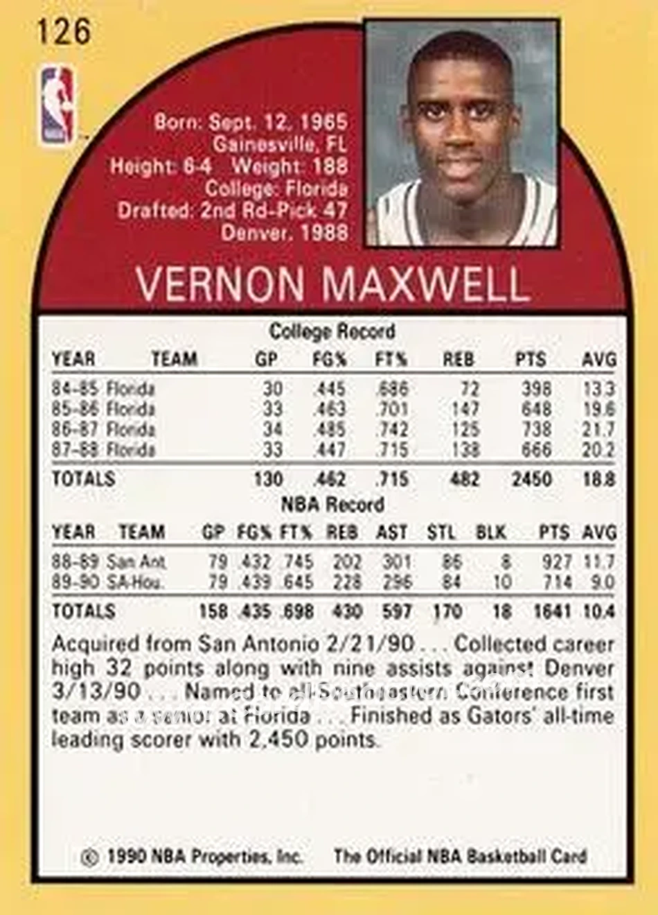 1990-91 Hoops #126 - Vernon Maxwell - Houston Rockets - Back