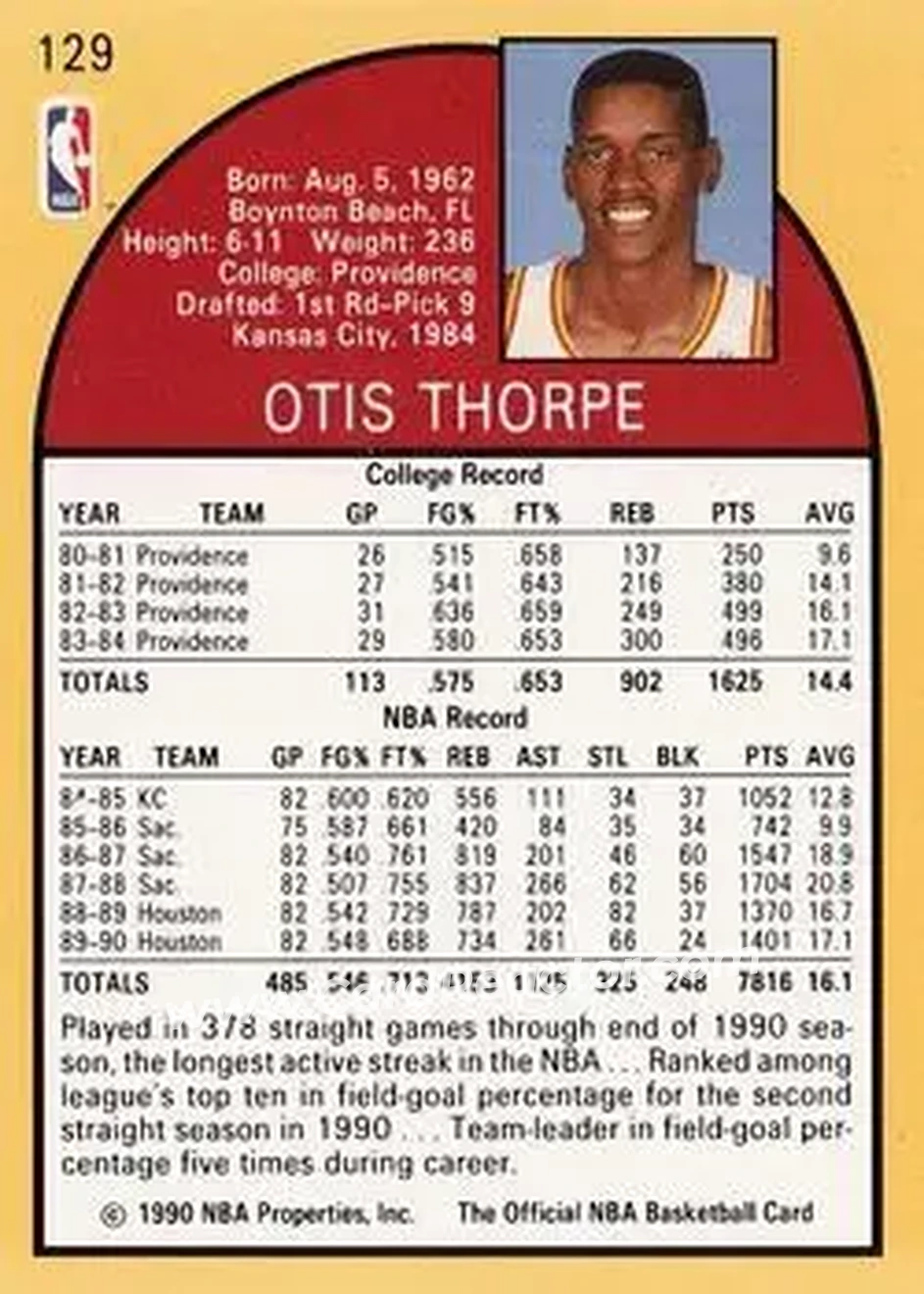 1990-91 Hoops #129 - Otis Thorpe - Houston Rockets - Back