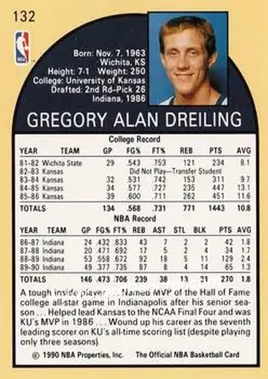 1990-91 Hoops #132 - Greg Dreiling - Indiana Pacers - Back 1990-91 Hoops #132 - Greg Dreiling - Indiana Pacers - Back