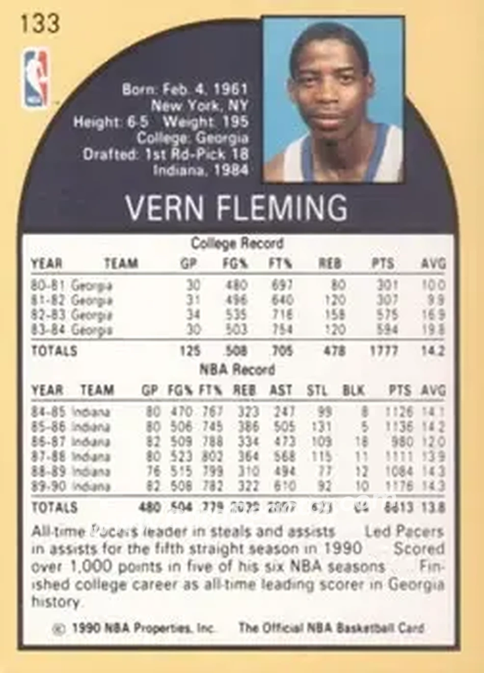 1990-91 Hoops #133 - Vern Fleming - Indiana Pacers - Back