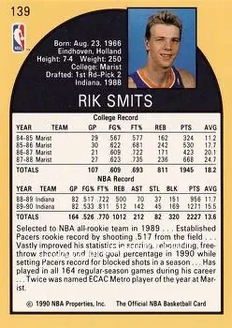 1990-91 Hoops #139 - Rik Smits - Indiana Pacers - Back