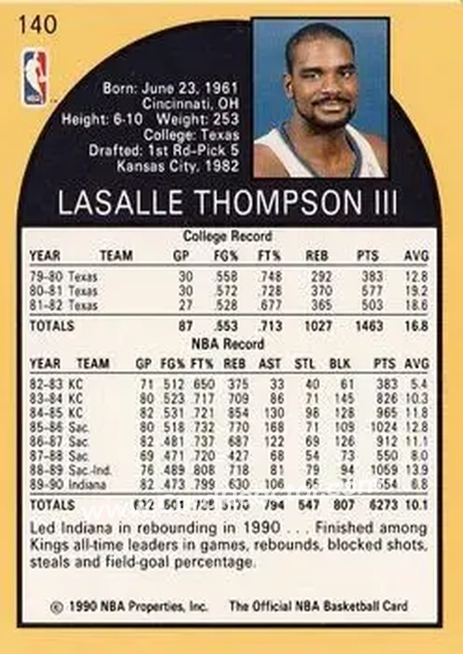 1990-91 Hoops #140 - LaSalle Thompson - Indiana Pacers - Back