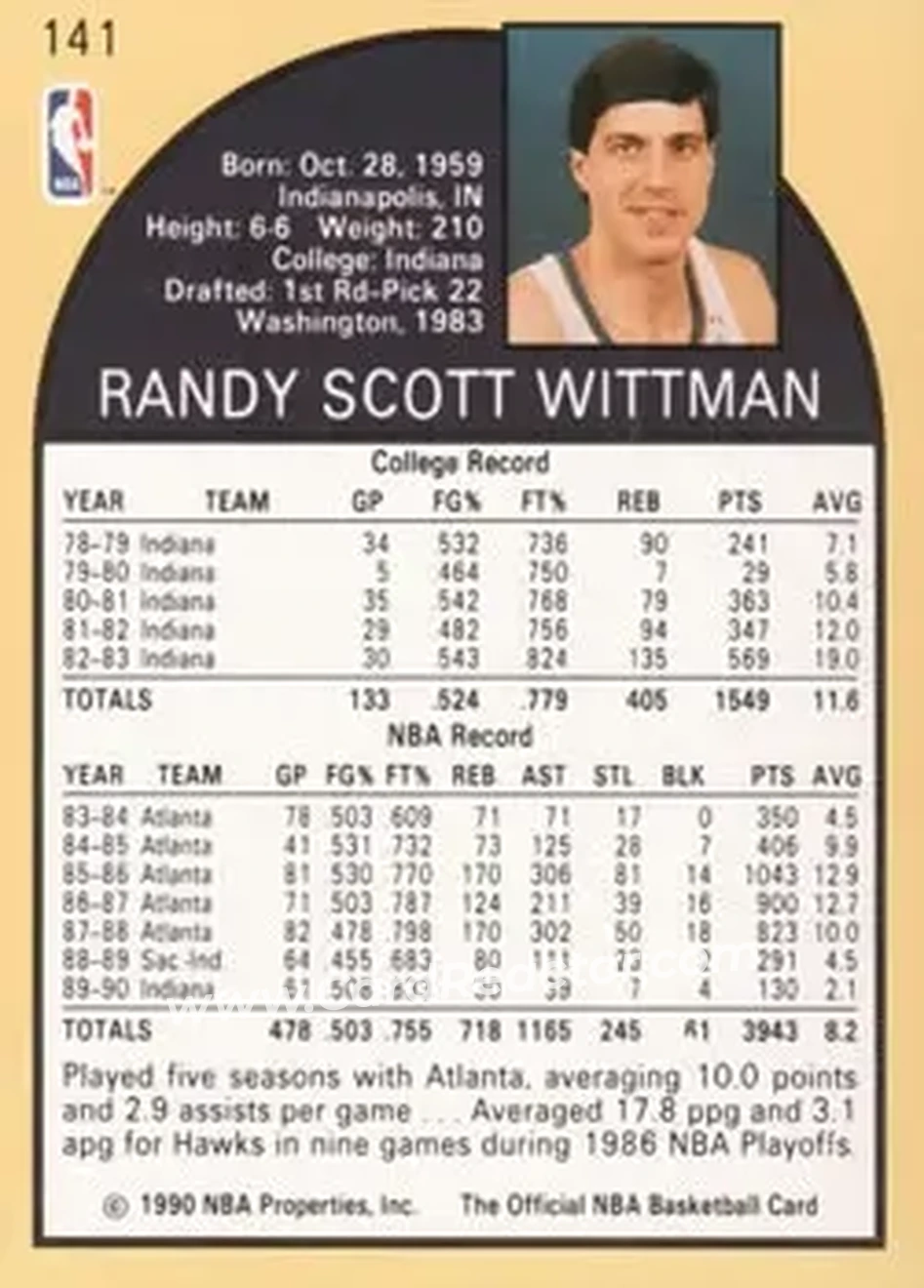 1990-91 Hoops #141 - Randy Wittman - Indiana Pacers - Back 1990-91 Hoops #141 - Randy Wittman - Indiana Pacers - Back
