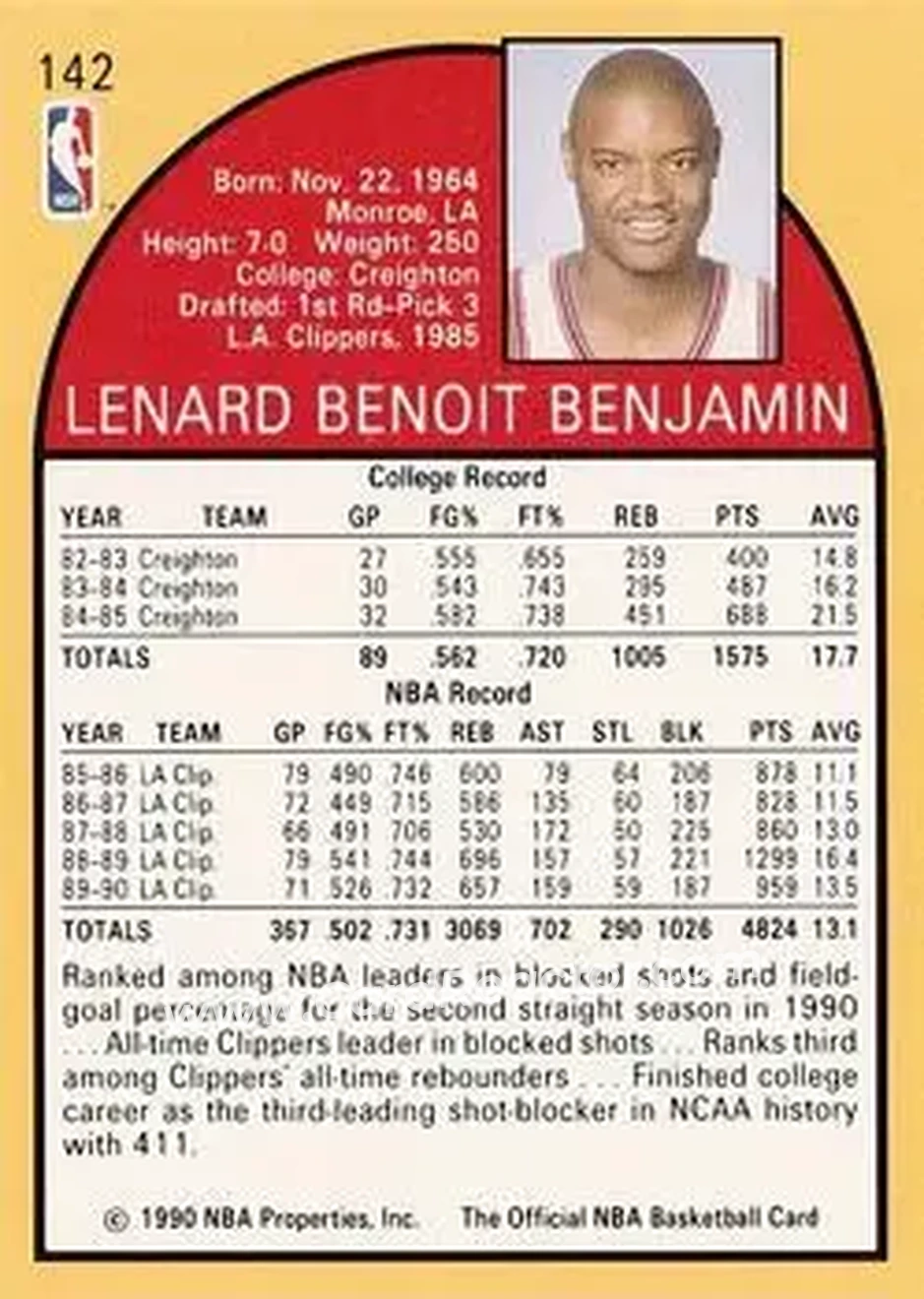 1990-91 Hoops #142 - Benoit Benjamin - Los Angeles Clippers - Back 1990-91 Hoops #142 - Benoit Benjamin - Los Angeles Clippers - Back