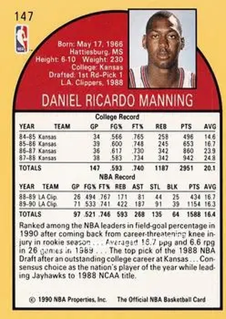 1990-91 Hoops #147 - Danny Manning - Los Angeles Clippers - Back