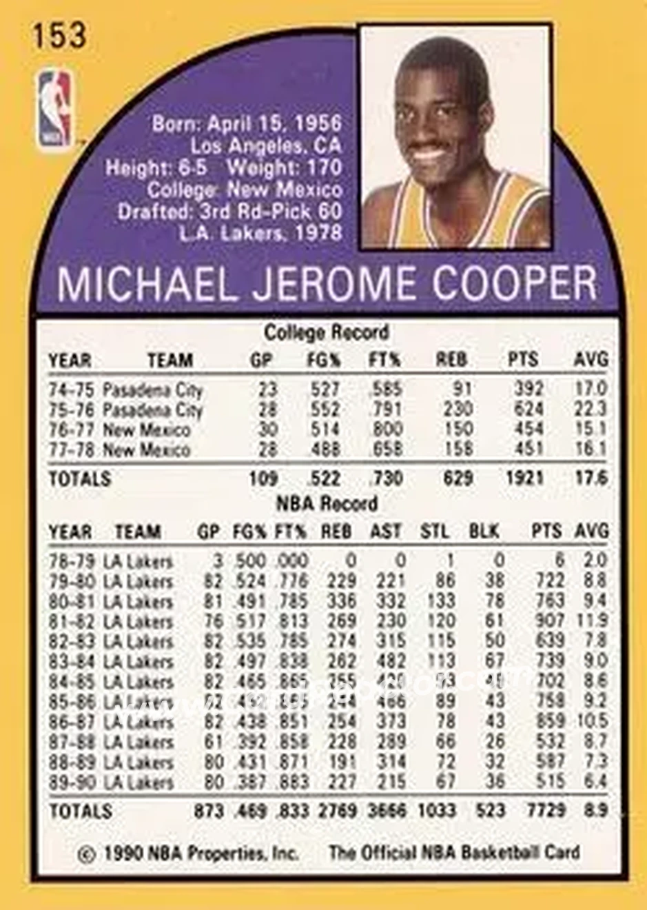 1990-91 Hoops #153 - Michael Cooper - Los Angeles Lakers - Back