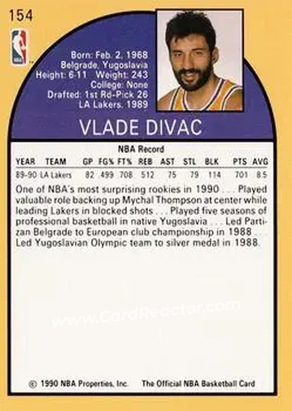 1990-91 Hoops #154 - Vlade Divac - Los Angeles Lakers - Back
