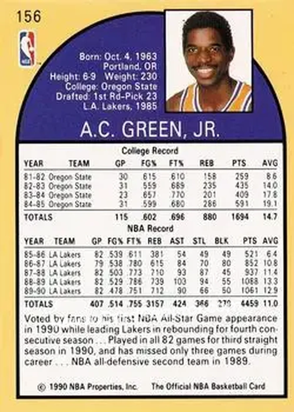 1990-91 Hoops #156 - A.C. Green - Los Angeles Lakers - Back