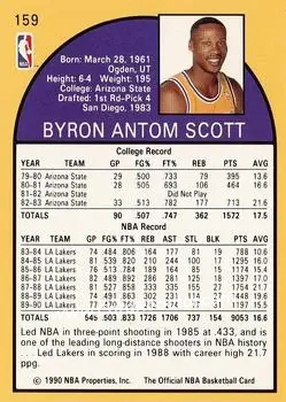 1990-91 Hoops #159 - Byron Scott - Los Angeles Lakers - Back