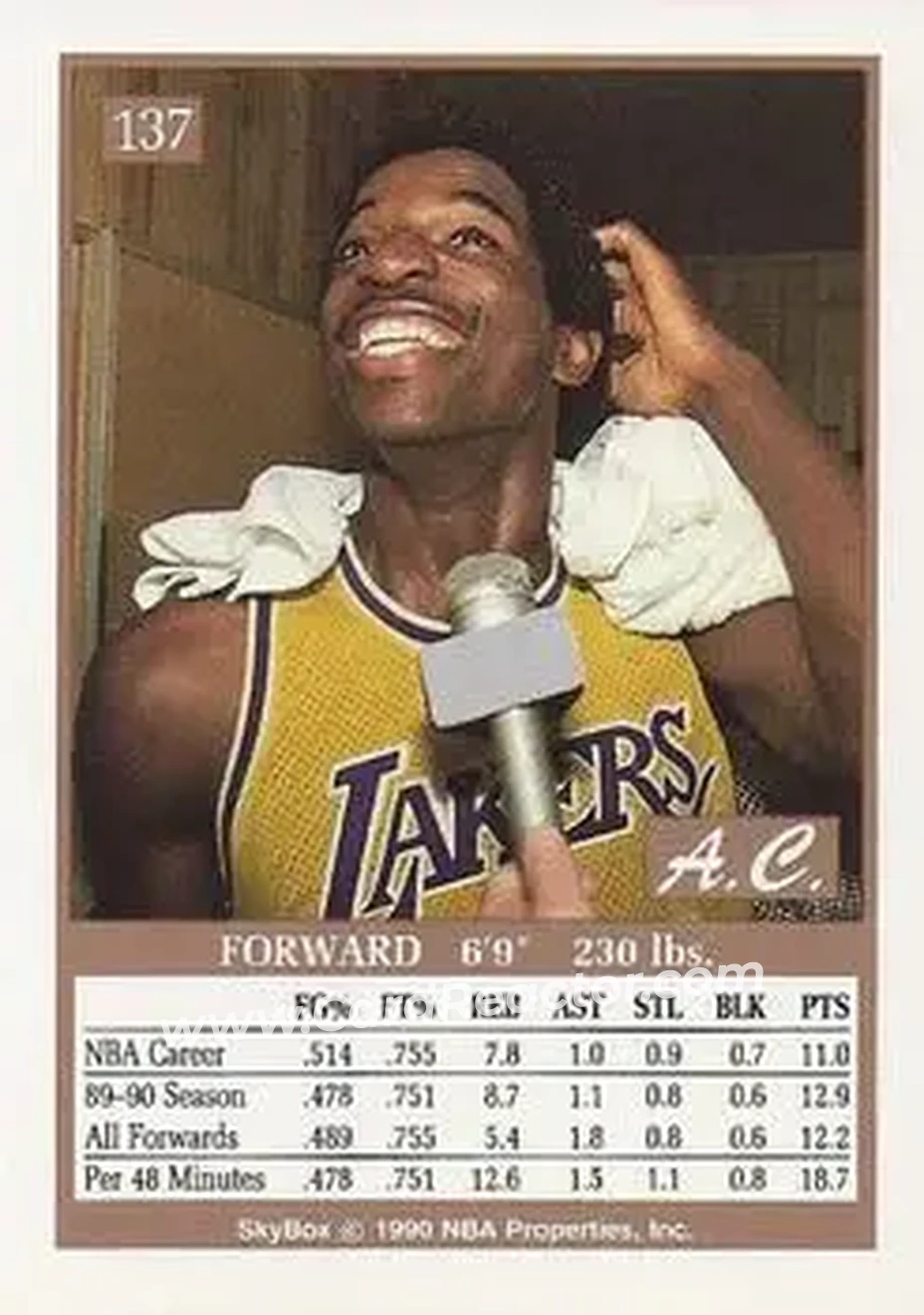 1990-91 SkyBox #137 - A.C. Green - Los Angeles Lakers - Back