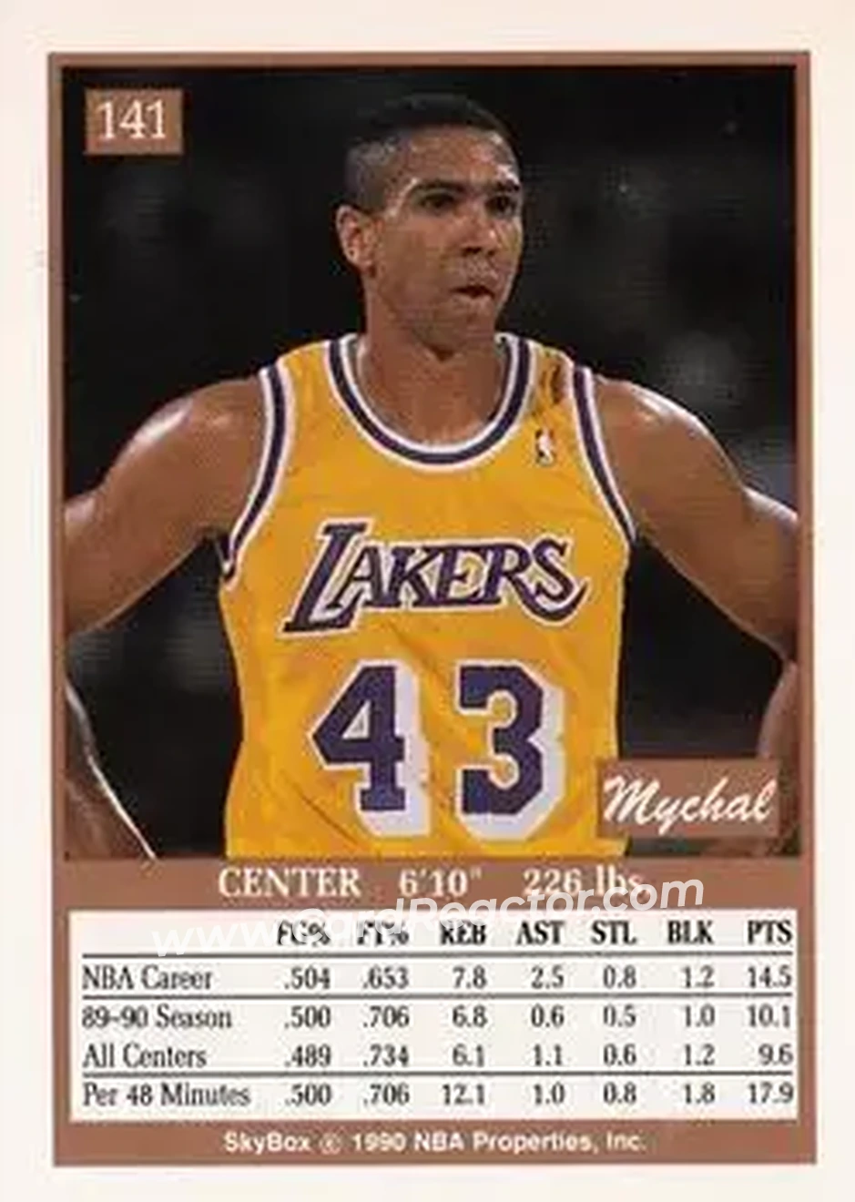 1990-91 SkyBox #141 - Mychal Thompson - Los Angeles Lakers - Back