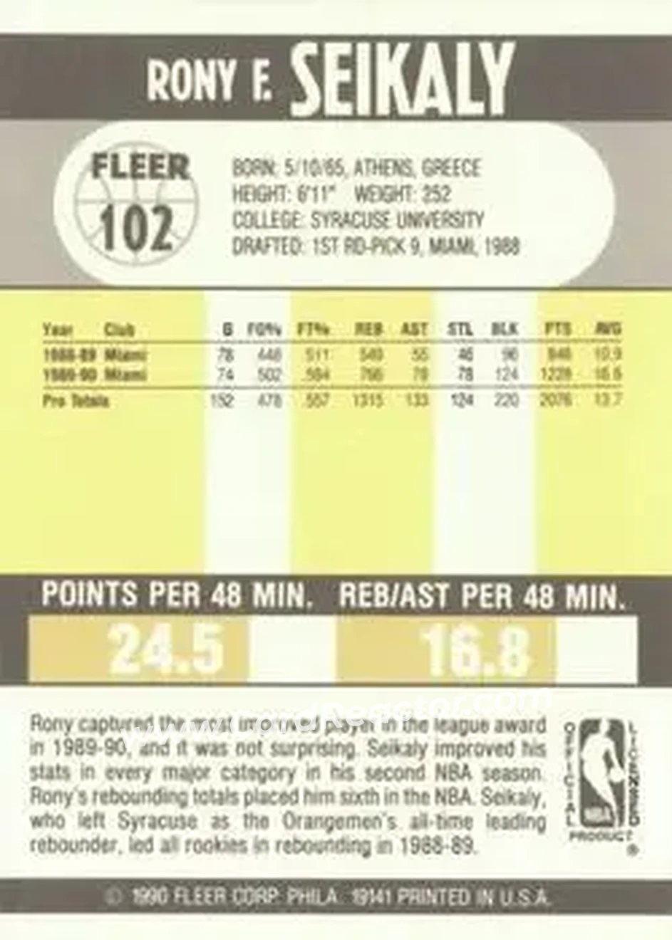 1990-91 Fleer #102 - Rony Seikaly - Miami Heat - Back