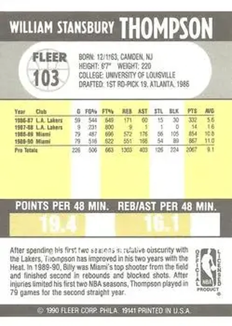 1990-91 Fleer #103 - Billy Thompson - Miami Heat - Back