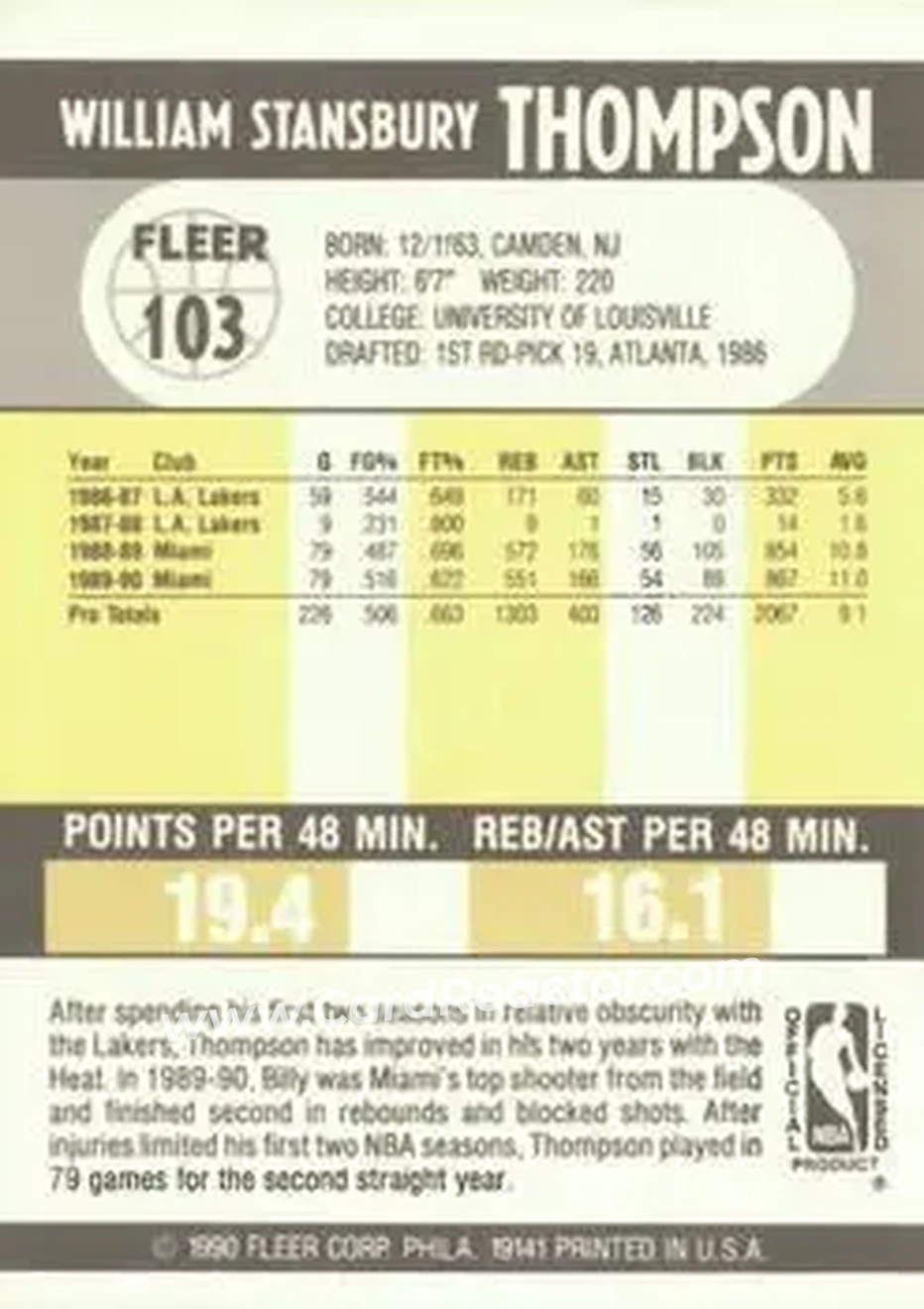 1990-91 Fleer #103 - Billy Thompson - Miami Heat - Back