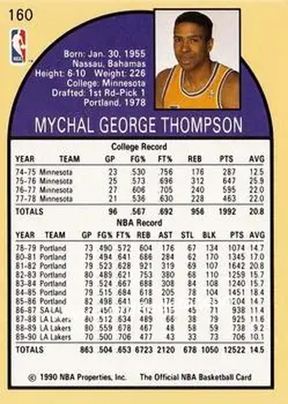 1990-91 Hoops #160 - Mychal Thompson - Los Angeles Lakers - Back 1990-91 Hoops #160 - Mychal Thompson - Los Angeles Lakers - Back