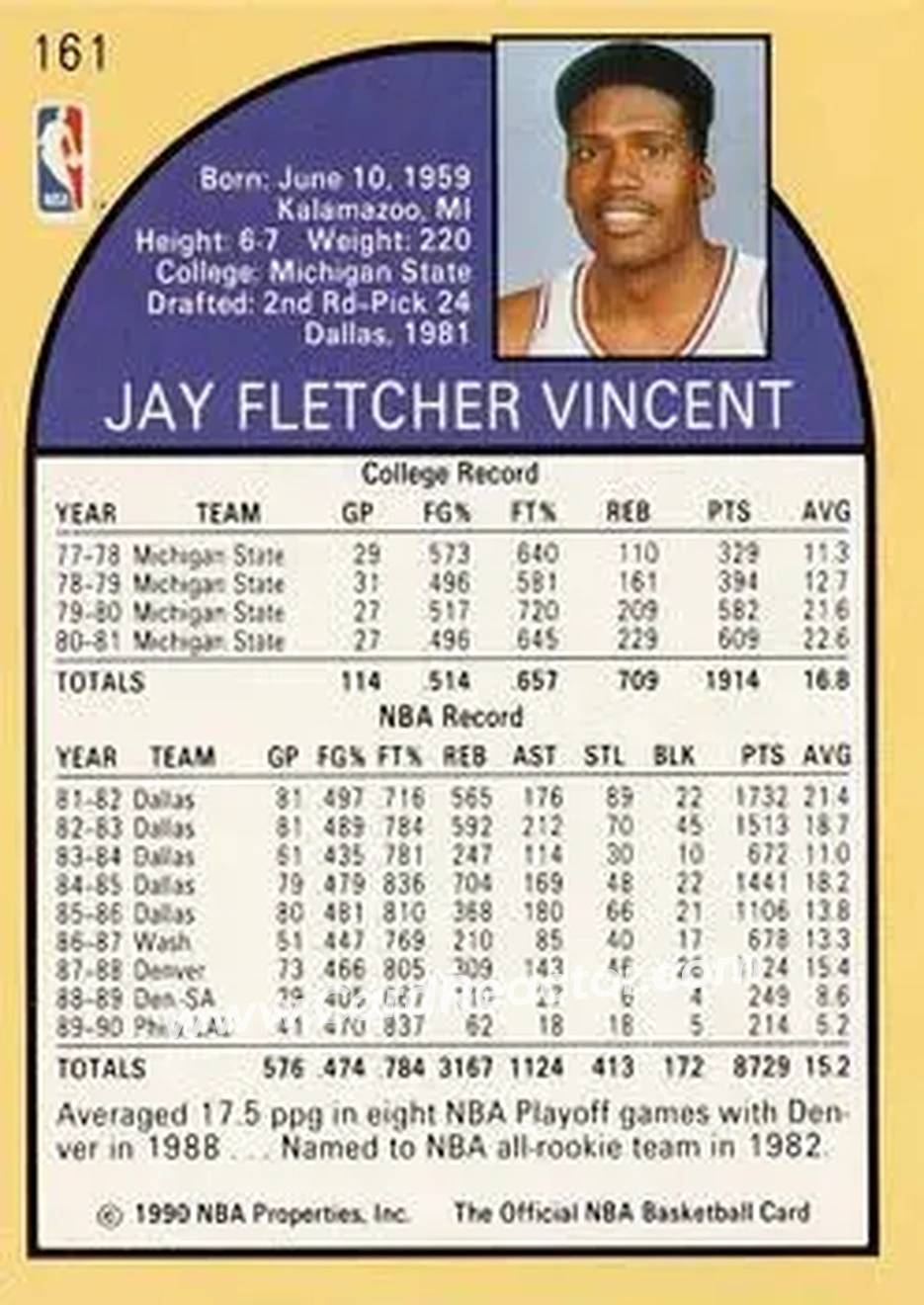 1990-91 Hoops #161 - Jay Vincent - Los Angeles Lakers - Back