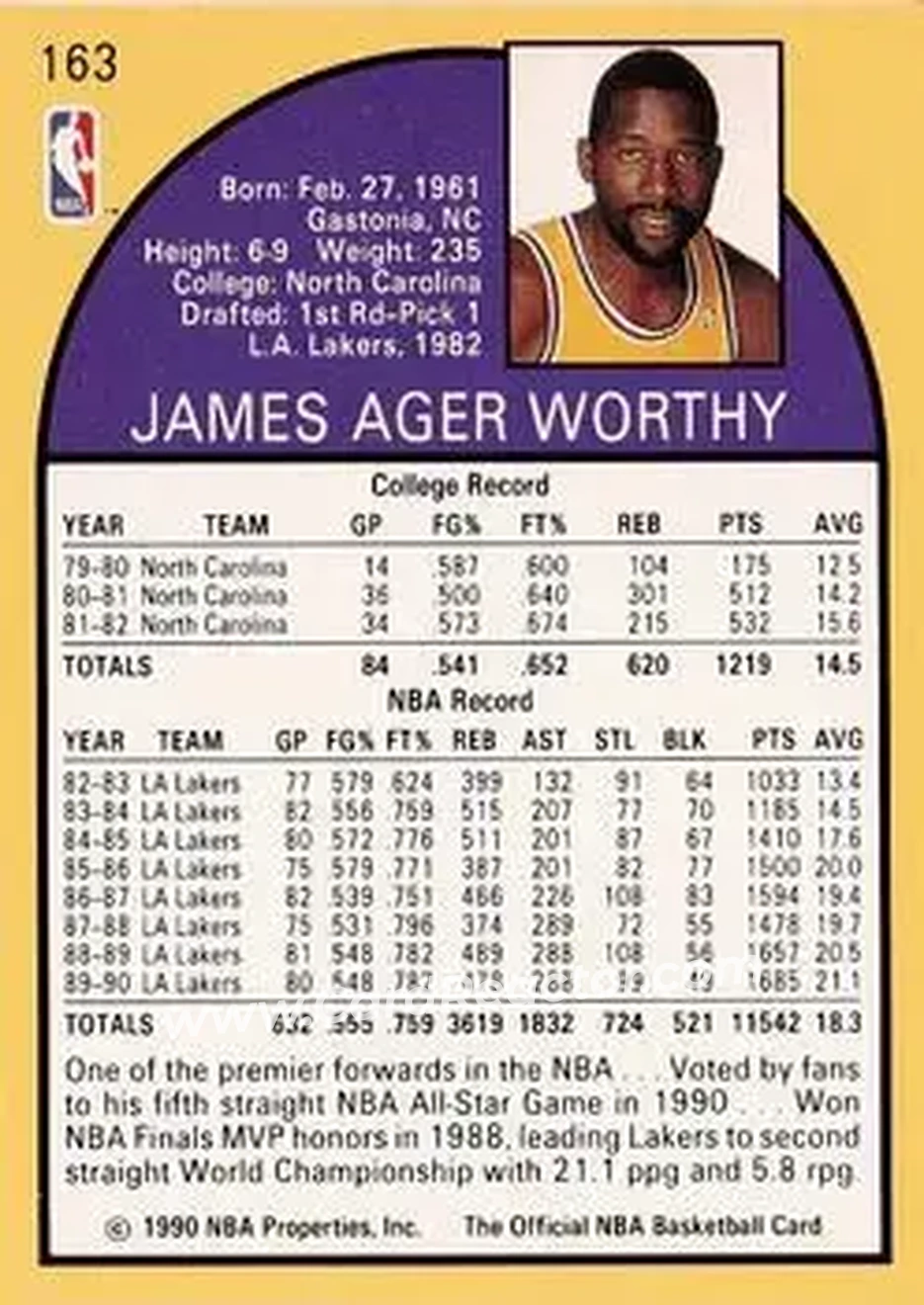 1990-91 Hoops #163 - James Worthy - Los Angeles Lakers - Back