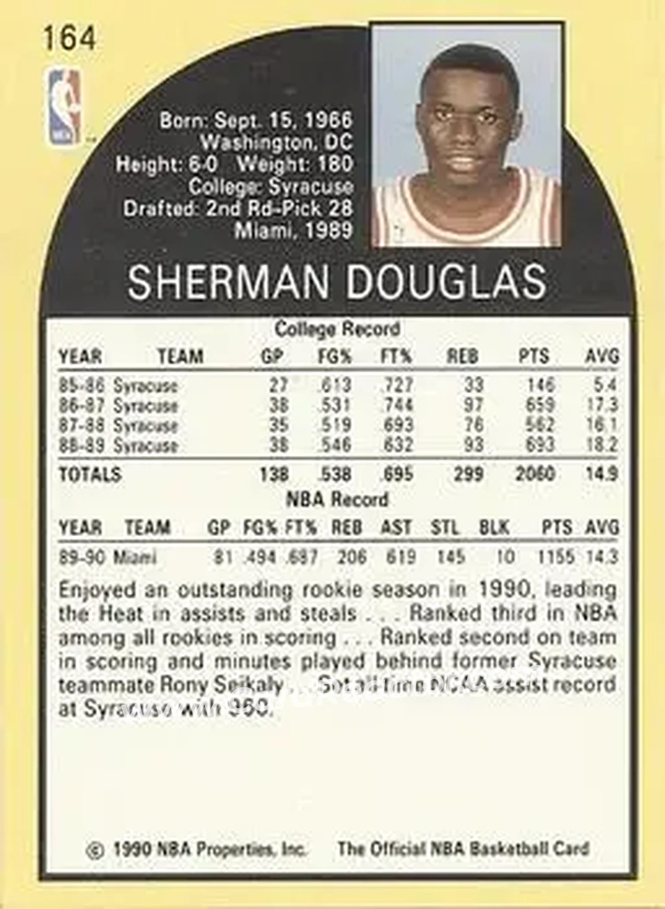 1990-91 Hoops #164 - Sherman Douglas - Miami Heat - Back