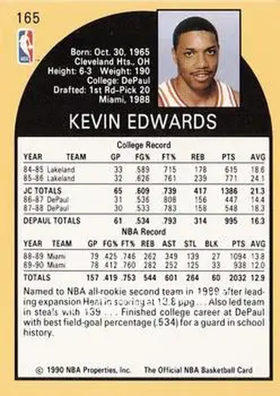 1990-91 Hoops #165 - Kevin Edwards - Miami Heat - Back 1990-91 Hoops #165 - Kevin Edwards - Miami Heat - Back