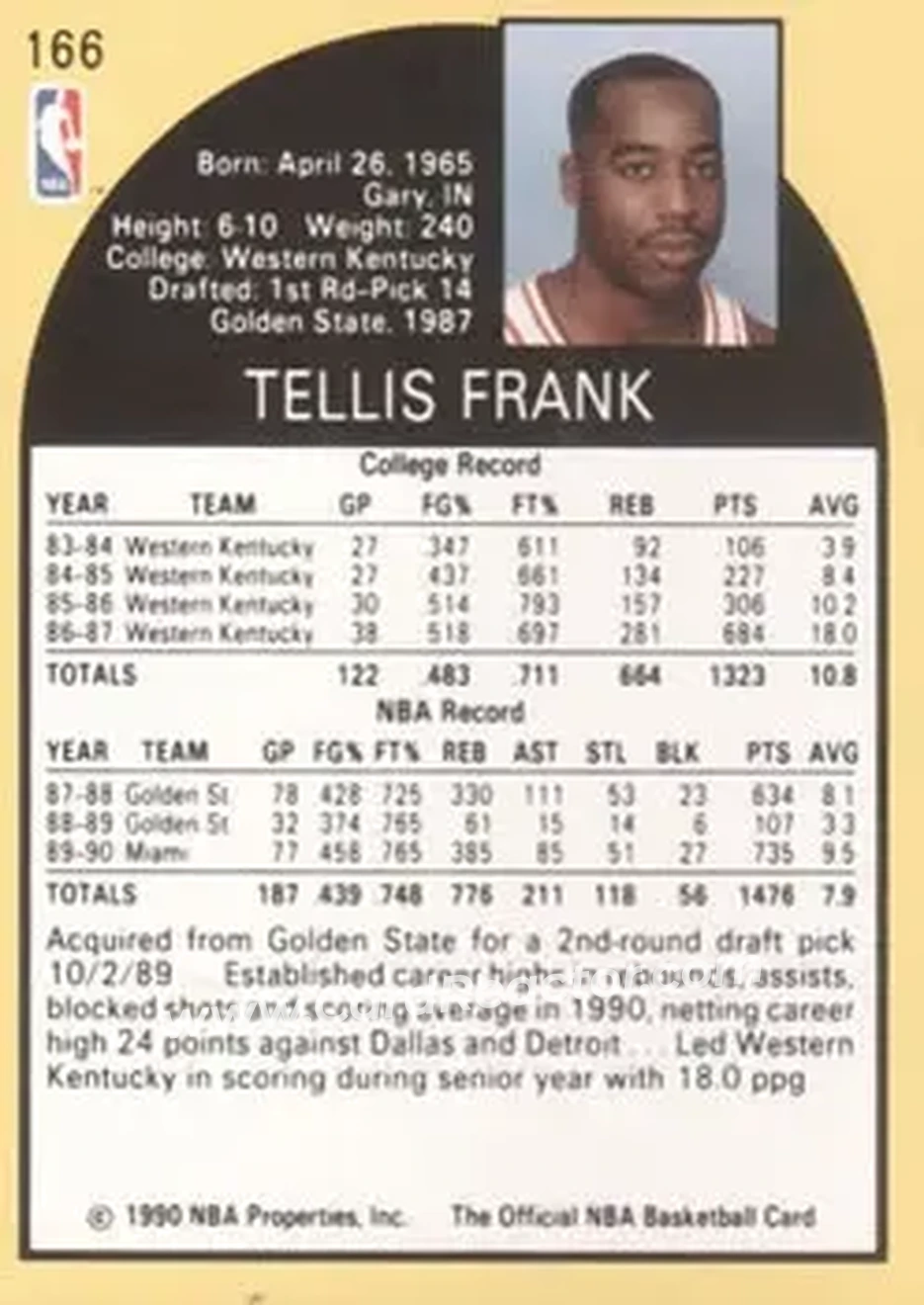 1990-91 Hoops #166 - Tellis Frank - Miami Heat - Back