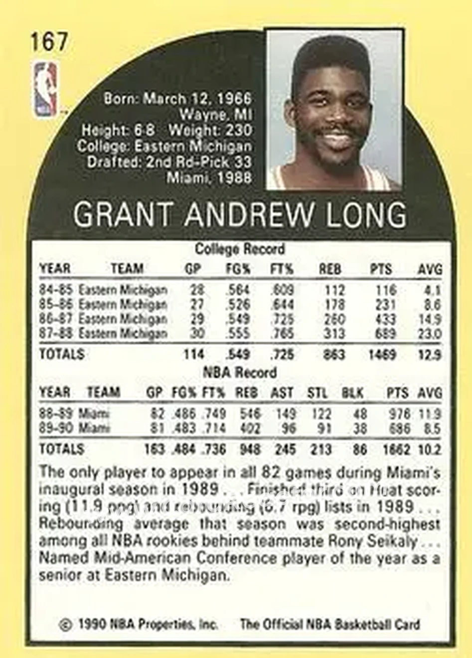 1990-91 Hoops #167 - Grant Long - Miami Heat - Back