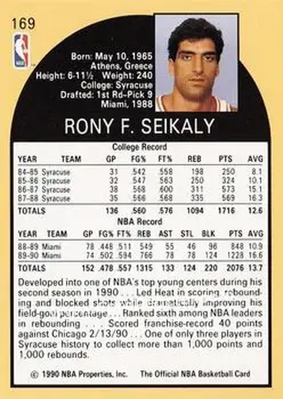 1990-91 Hoops #169 - Rony Seikaly - Miami Heat - Back