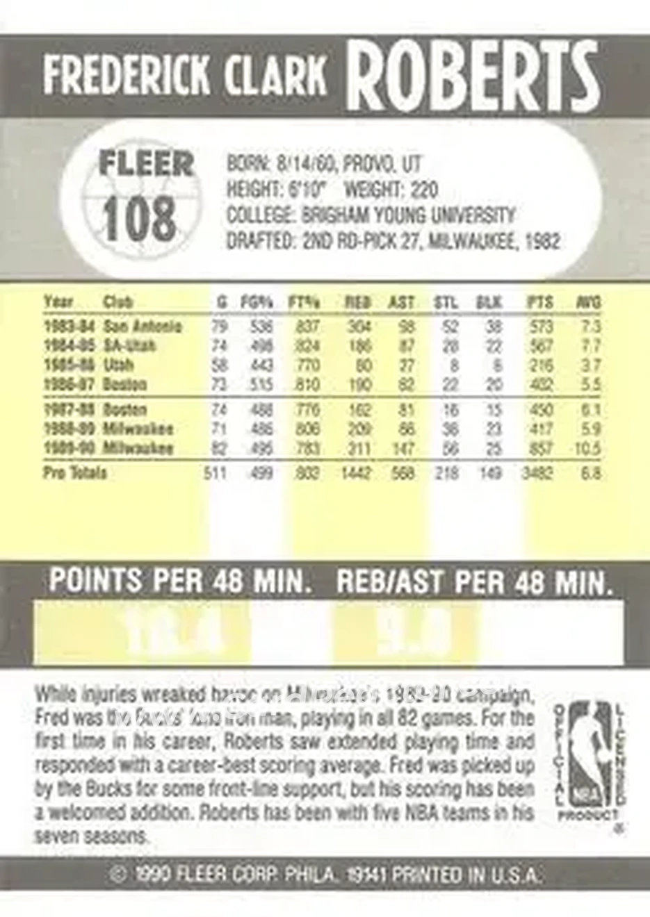 1990-91 Fleer #108 - Fred Roberts - Milwaukee Bucks - Back