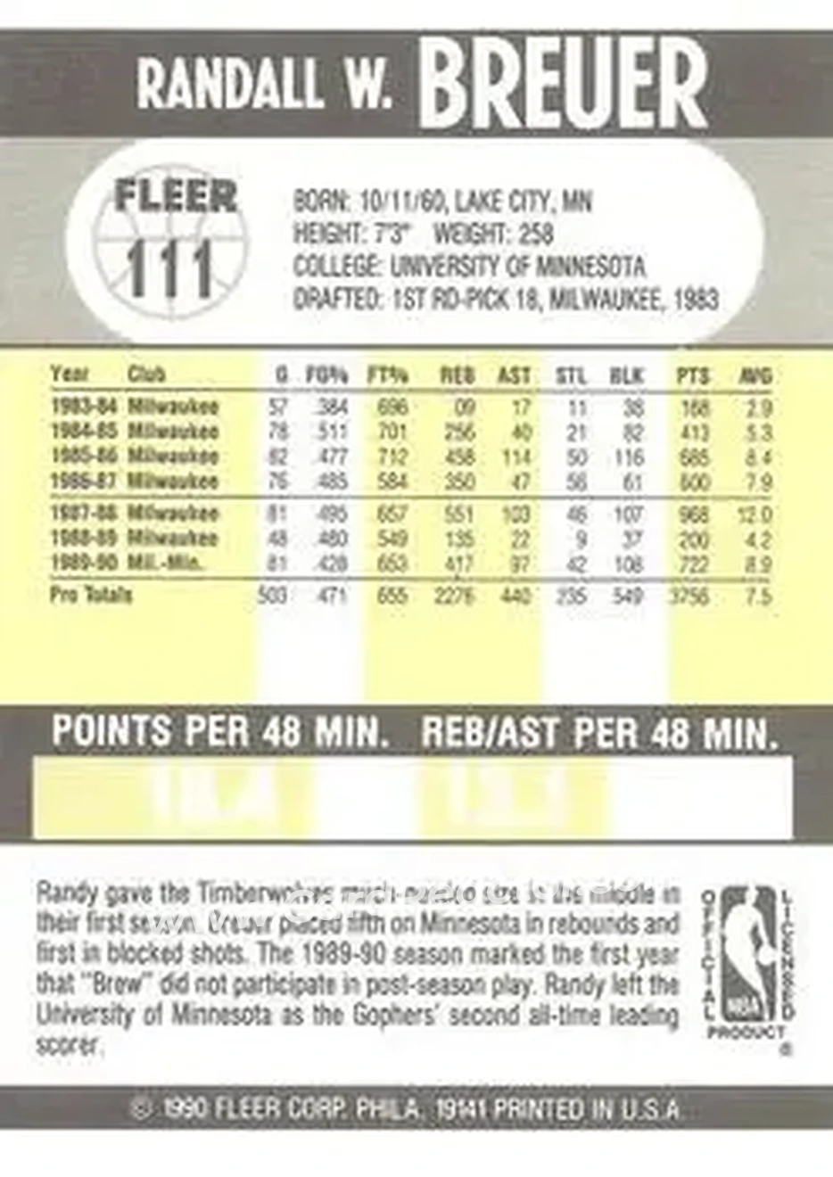 1990-91 Fleer #111 - Randy Breuer - Minnesota Timberwolves - Back