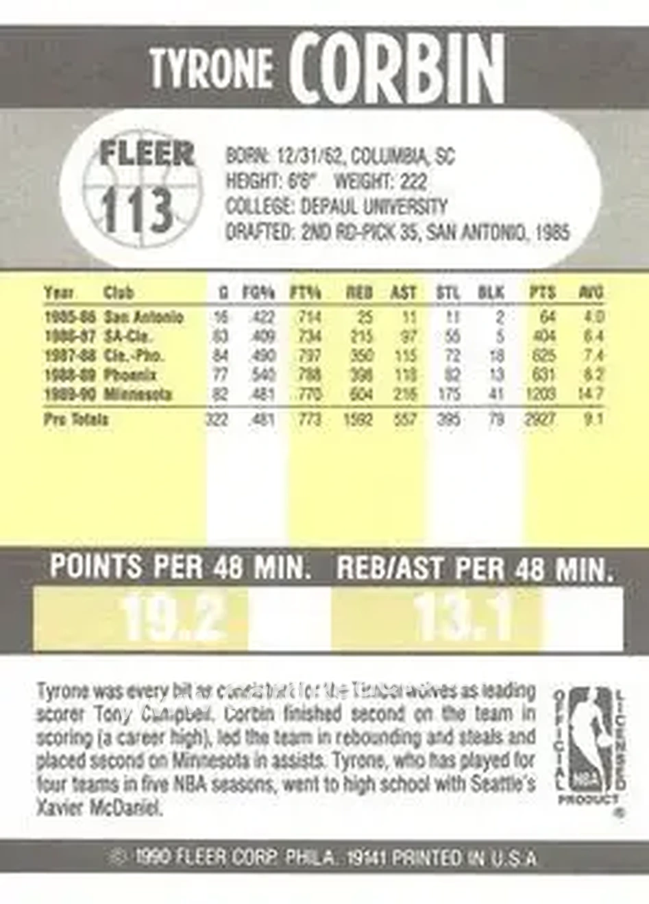 1990-91 Fleer #113 - Tyrone Corbin - Minnesota Timberwolves - Back 1990-91 Fleer #113 - Tyrone Corbin - Minnesota Timberwolves - Back