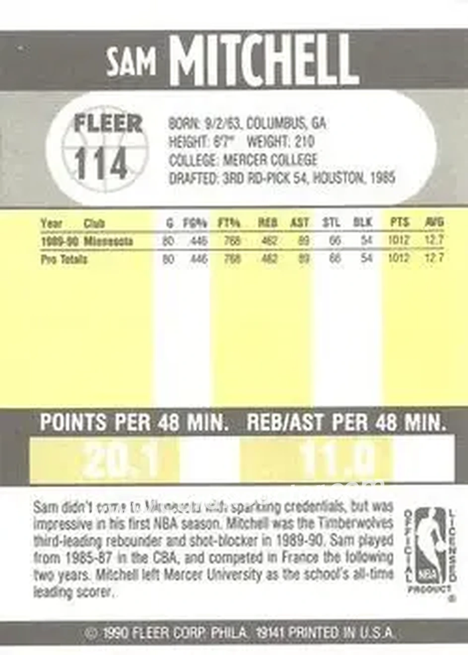 1990-91 Fleer #114 - Sam Mitchell - Minnesota Timberwolves - Back 1990-91 Fleer #114 - Sam Mitchell - Minnesota Timberwolves - Back
