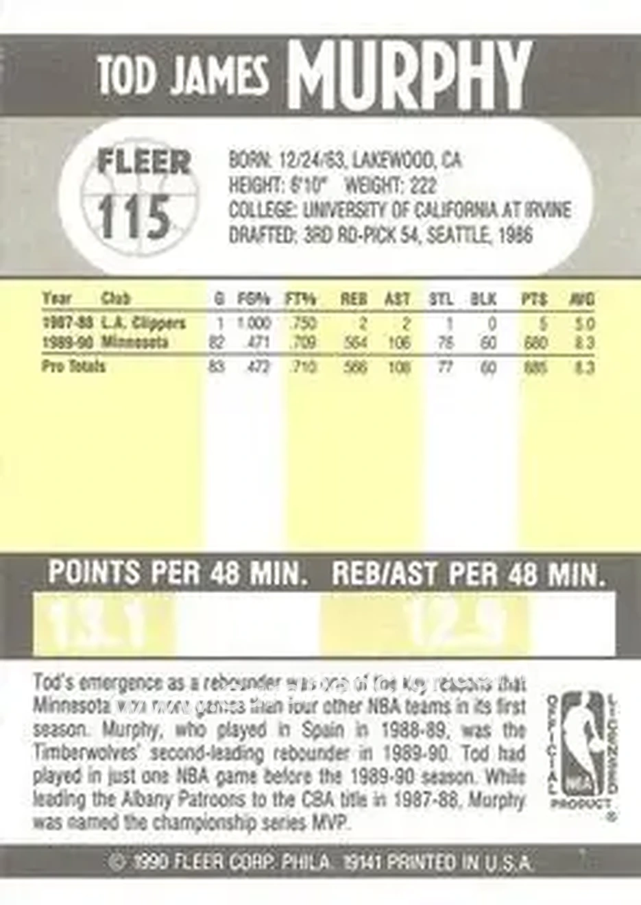 1990-91 Fleer #115 - Tod Murphy - Minnesota Timberwolves - Back
