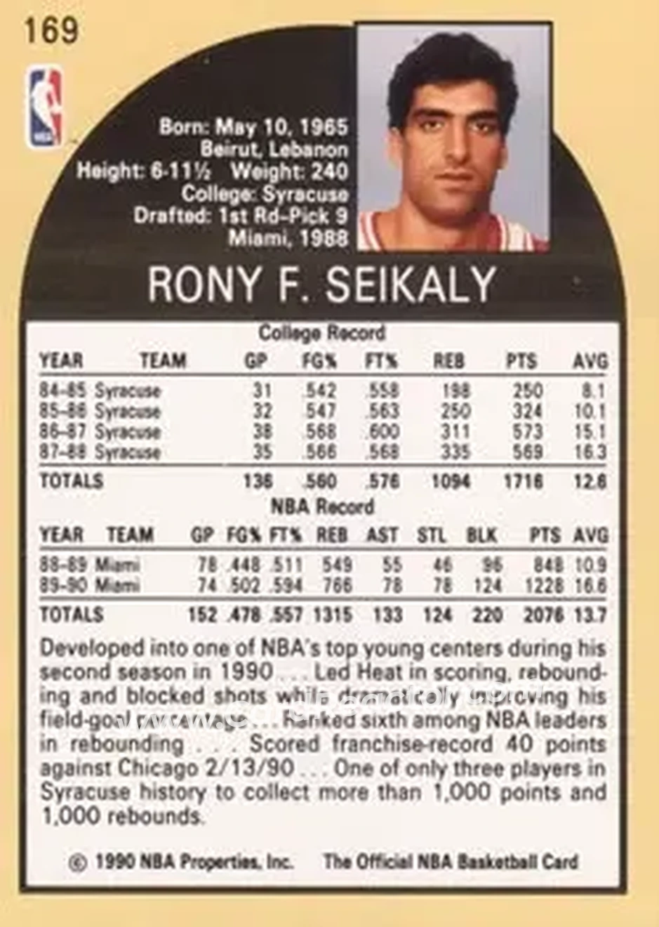 1990-91 Hoops #169 - Rony Seikaly - Miami Heat - Back