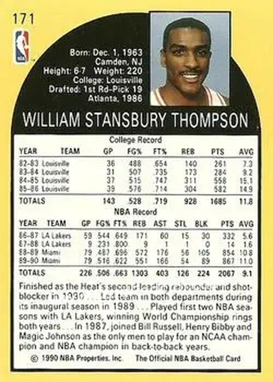1990-91 Hoops #171 - Billy Thompson - Miami Heat - Back