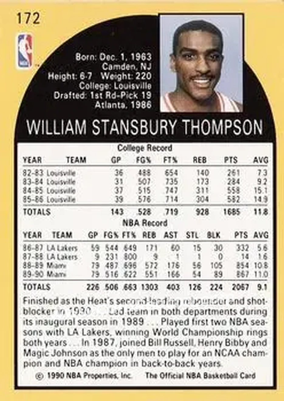 1990-91 Hoops #172 - Billy Thompson - Miami Heat - Back