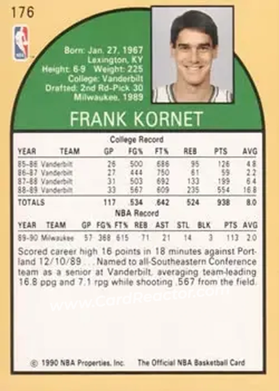 1990-91 Hoops #176 - Frank Kornet - Milwaukee Bucks - Back