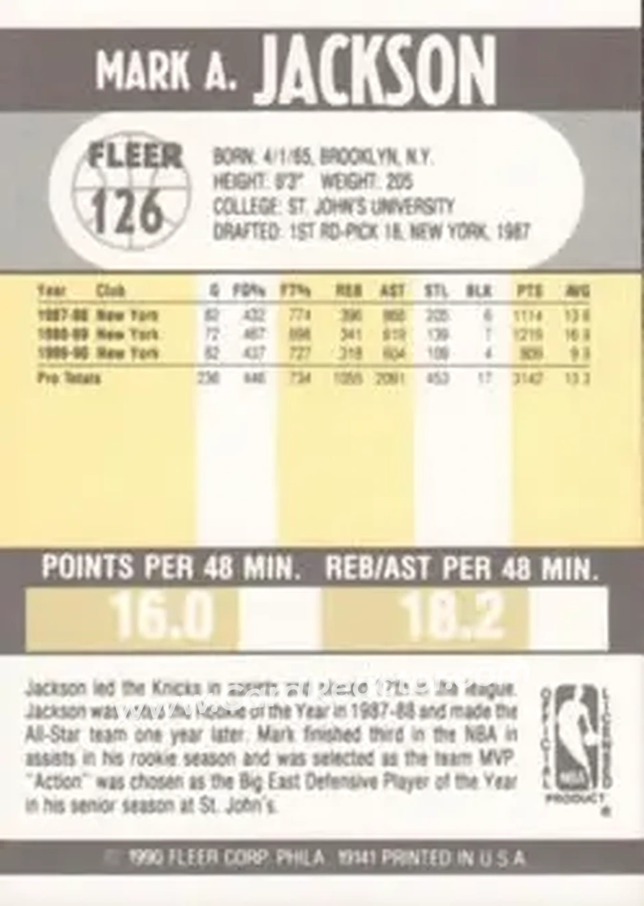 1990-91 Fleer #126 - Mark Jackson - New York Knicks - Back 1990-91 Fleer #126 - Mark Jackson - New York Knicks - Back