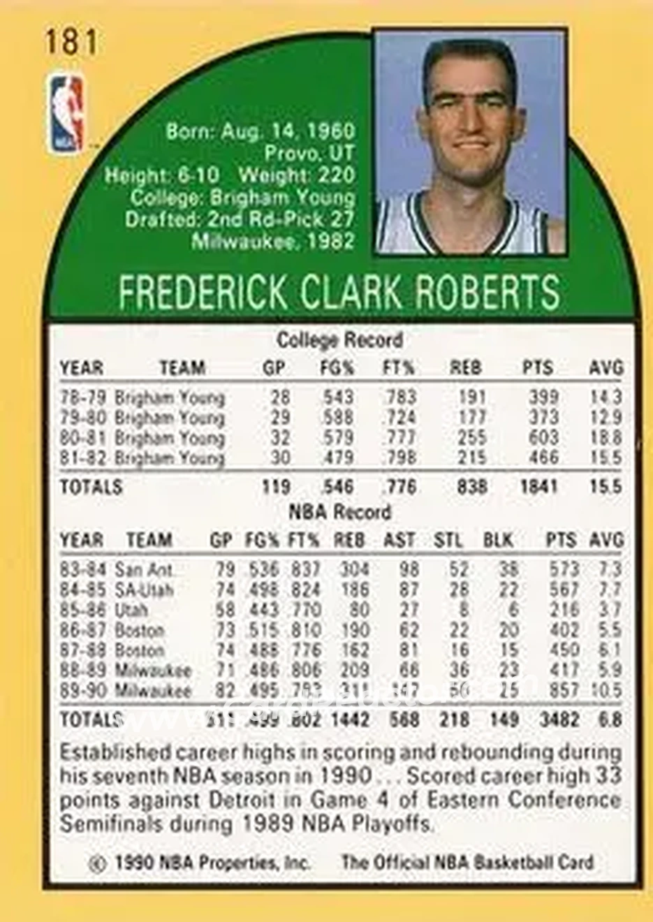 1990-91 Hoops #181 - Fred Roberts - Milwaukee Bucks - Back