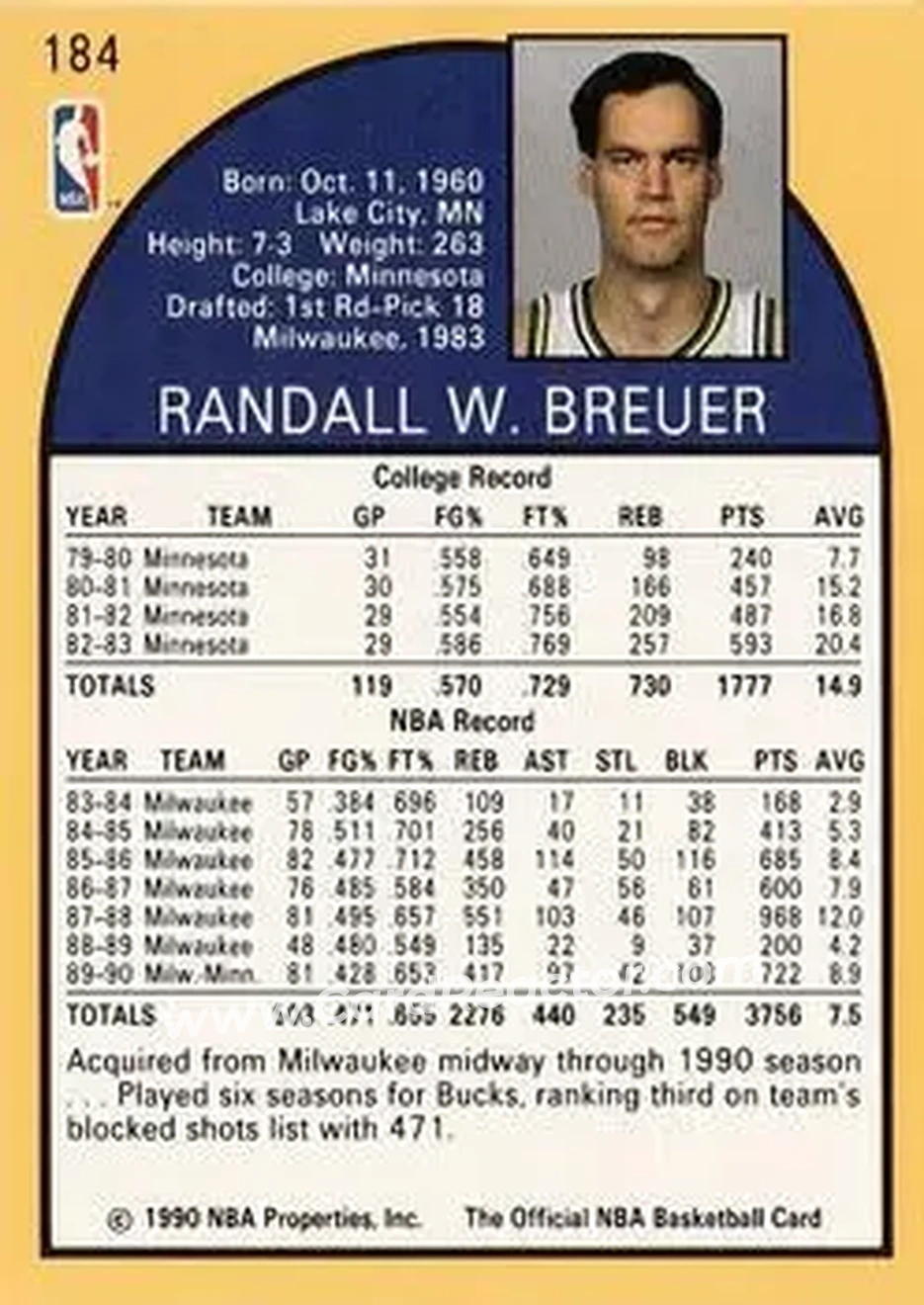 1990-91 Hoops #184 - Randy Breuer - Minnesota Timberwolves - Back